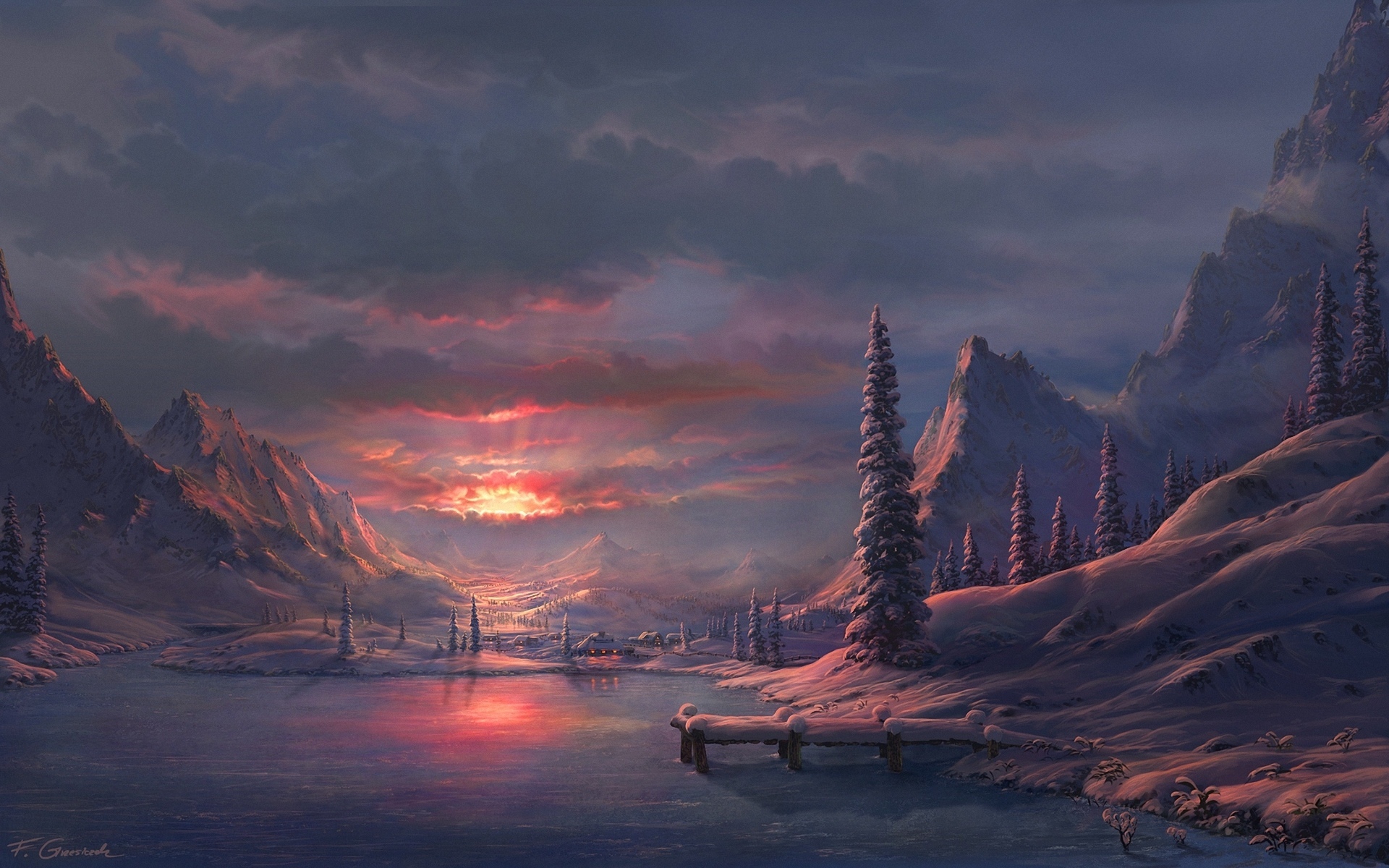 art, Paintings, Nature, Landscapes, Winter, Snow, Sky, Clouds, Sunrise