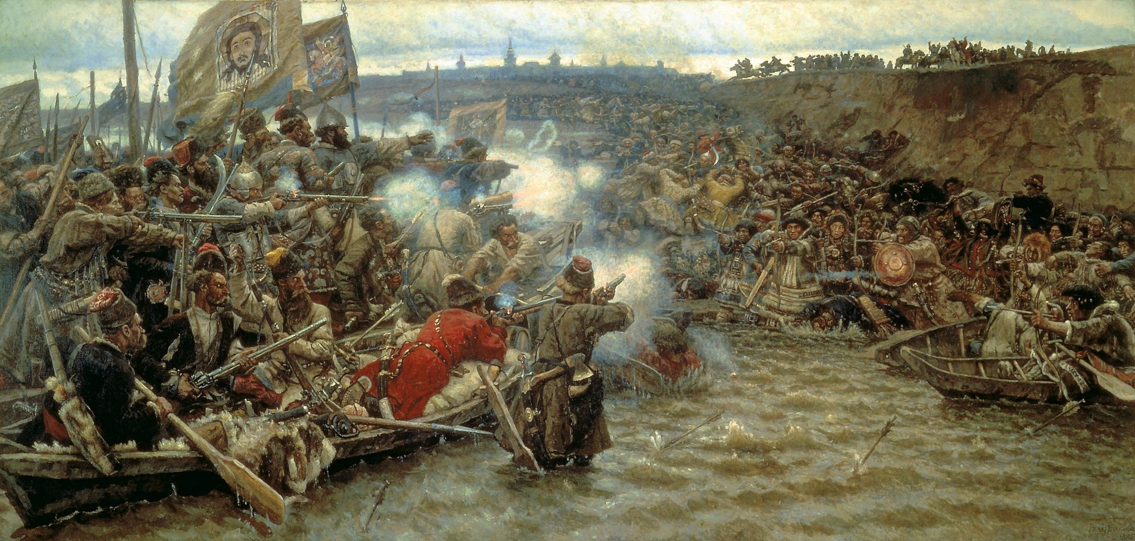 the, Conquest, Of, Siberia, By, Yermak, Surikov, History, Boat, River, Water, Guns, Smoke, Flags, Banners, Icons, Battle, Military Wallpaper
