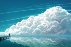 water, Blue, Clouds, Nature, Anime, Multiscreen, Skyscapes