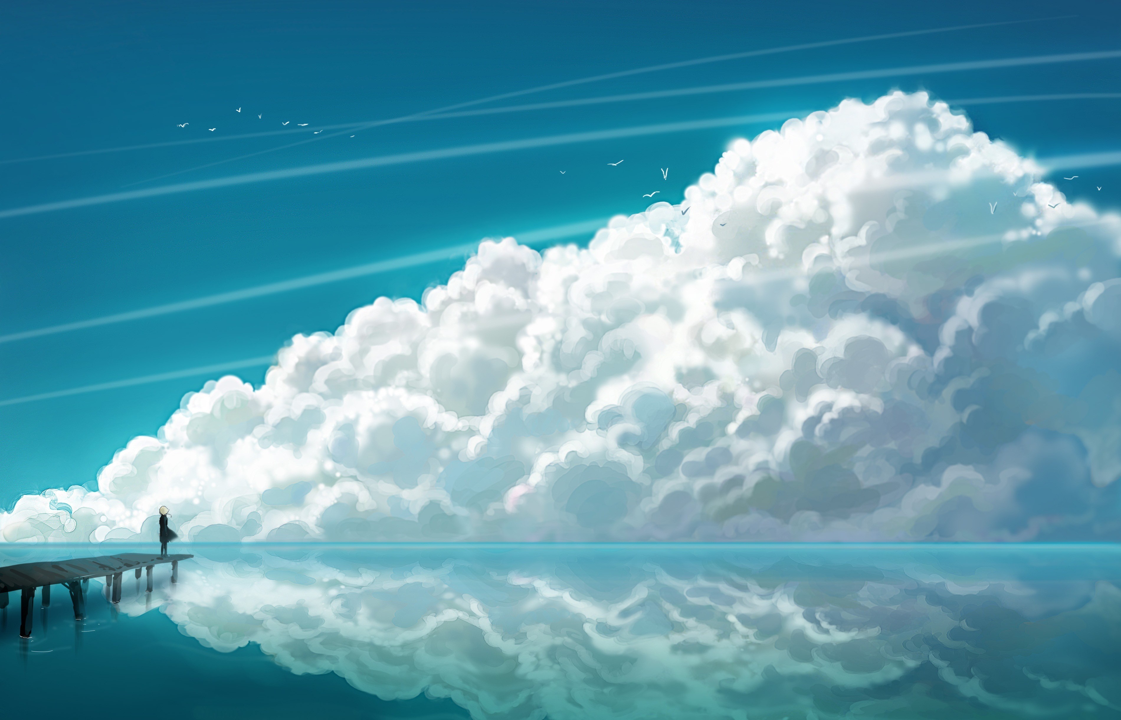 water, Blue, Clouds, Nature, Anime, Multiscreen, Skyscapes Wallpaper