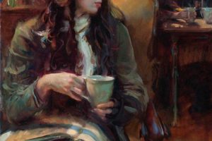 fine, Art, Oil, Painting, Coffee, Girl