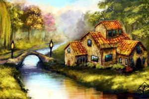 lamps, Trees, Landscape, Water, Painting, Bridge