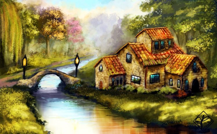 lamps, Trees, Landscape, Water, Painting, Bridge HD Wallpaper Desktop Background