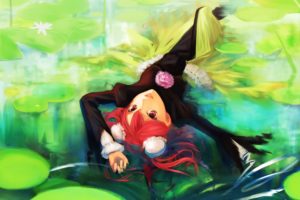green, Water, Video, Games, Nature, Touhou, Dress, Flowers, Redheads, Pond, Plants, Red, Eyes, Short, Hair, Lying, Down, Open, Mouth, Lily, Pads, Upside, Down, Hair, Bun, Ibara, Kasen, Hair, Ornaments