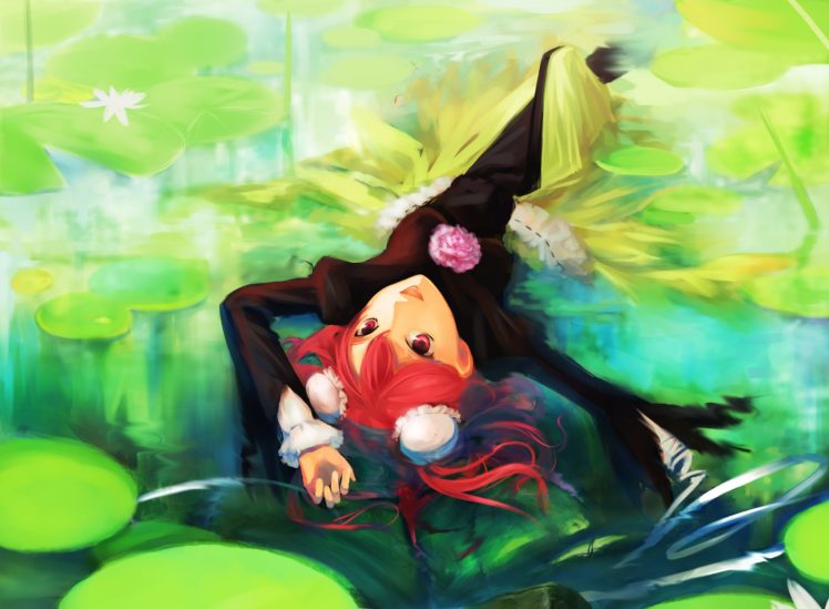 green, Water, Video, Games, Nature, Touhou, Dress, Flowers, Redheads, Pond, Plants, Red, Eyes, Short, Hair, Lying, Down, Open, Mouth, Lily, Pads, Upside, Down, Hair, Bun, Ibara, Kasen, Hair, Ornaments HD Wallpaper Desktop Background