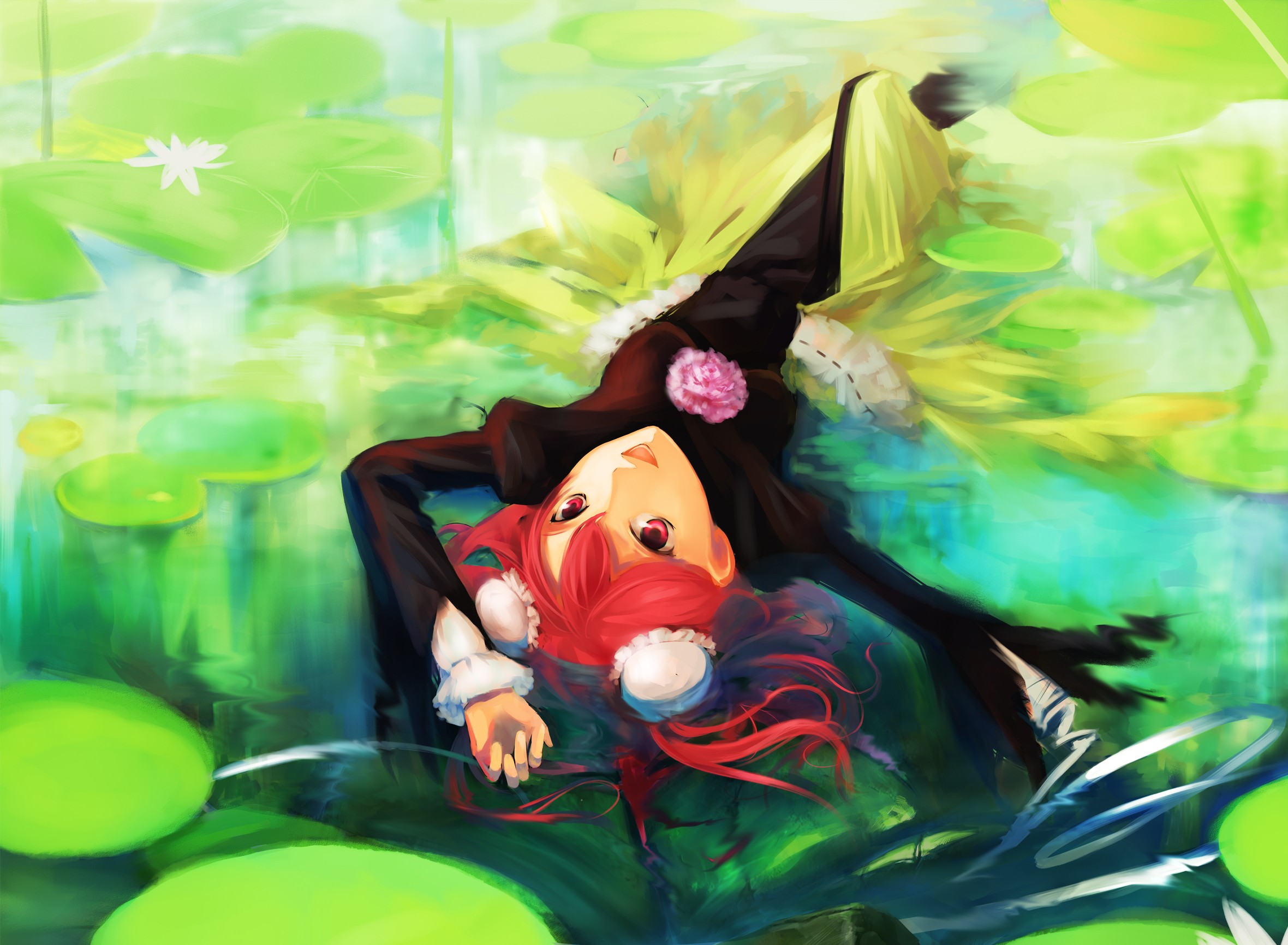 green, Water, Video, Games, Nature, Touhou, Dress, Flowers, Redheads, Pond, Plants, Red, Eyes, Short, Hair, Lying, Down, Open, Mouth, Lily, Pads, Upside, Down, Hair, Bun, Ibara, Kasen, Hair, Ornaments Wallpaper