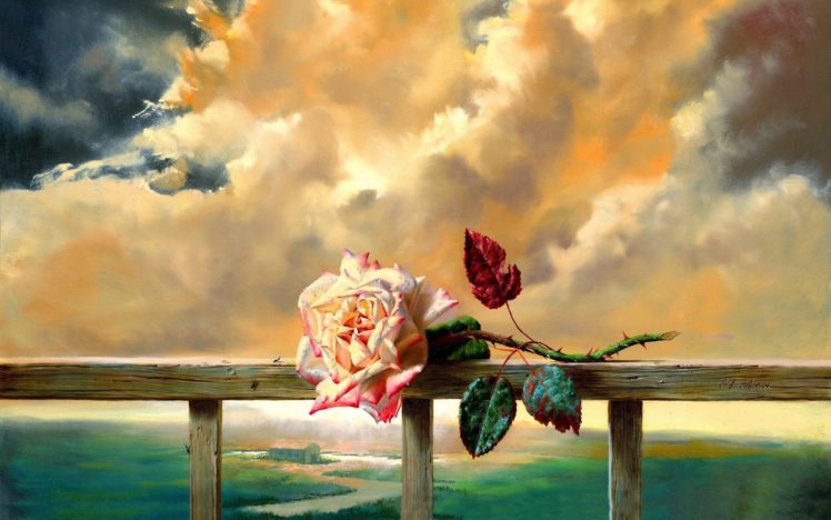 arte, Pintura, Rosa, Mar, Nubes HD Wallpaper Desktop Background