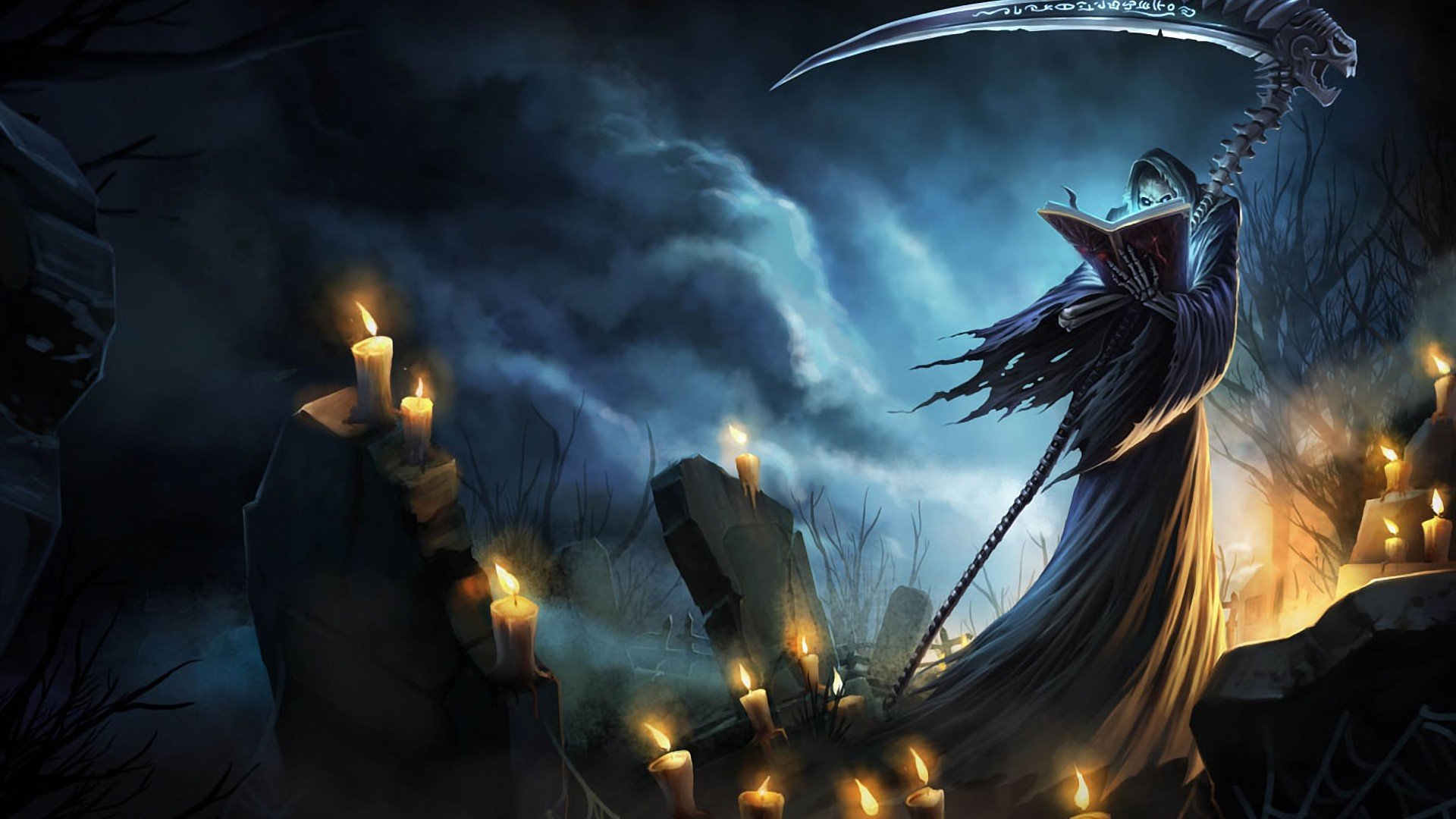 death, Scythe, League, Of, Legends, Karthus, Graves, Nighttime, Cemetery, Candles, Fantasy Wallpaper