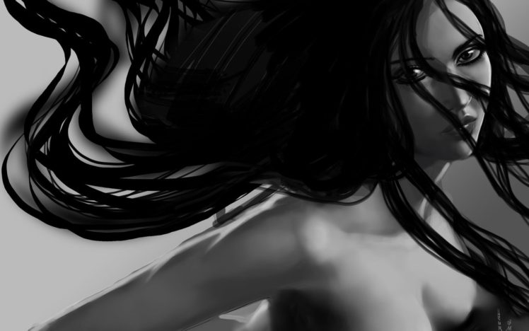 face, Art, Eyes, Girl, Hair, Black and white, Look HD Wallpaper Desktop Background