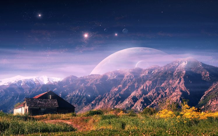 fantasy, House, Mountains, Art, Landscape HD Wallpaper Desktop Background