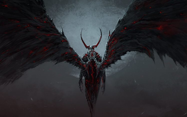 fire, Wings, Horns, Art, Demon, Moon, Chris, Cold HD Wallpaper Desktop Background