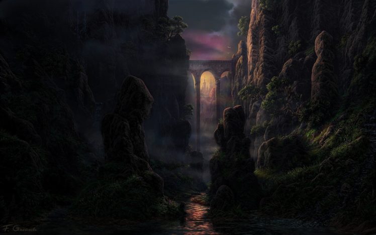 gorge, Rocks, Castle, Arches, Boulders, Art, River, Bridge HD Wallpaper Desktop Background