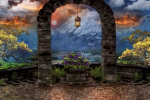 lantern, Arch, 3d, Art, Trees, Art, Sky, Flowers, Mountains