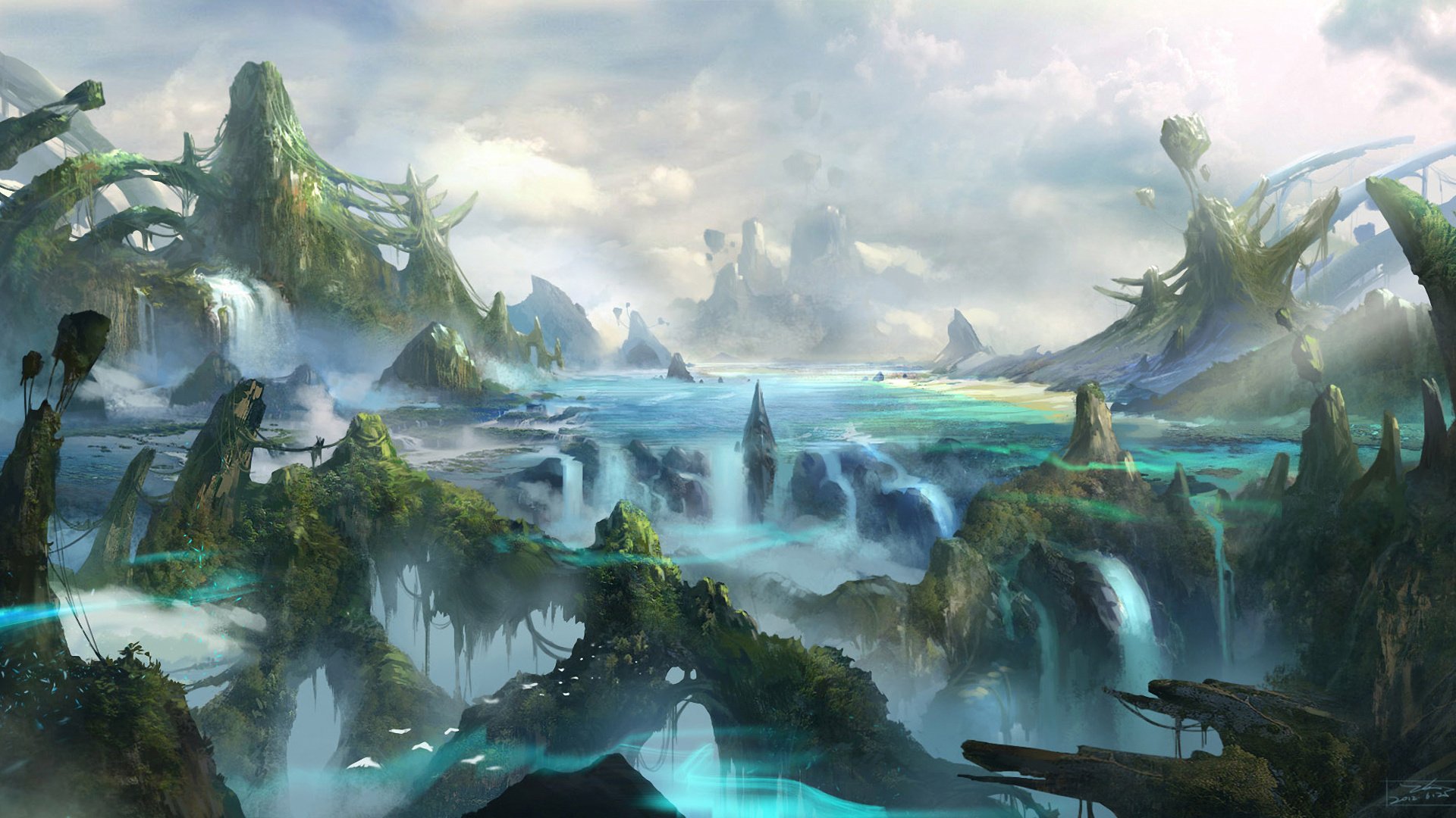 mountains, Art, Rock, Fantasy, World, River, Waterfall Wallpaper