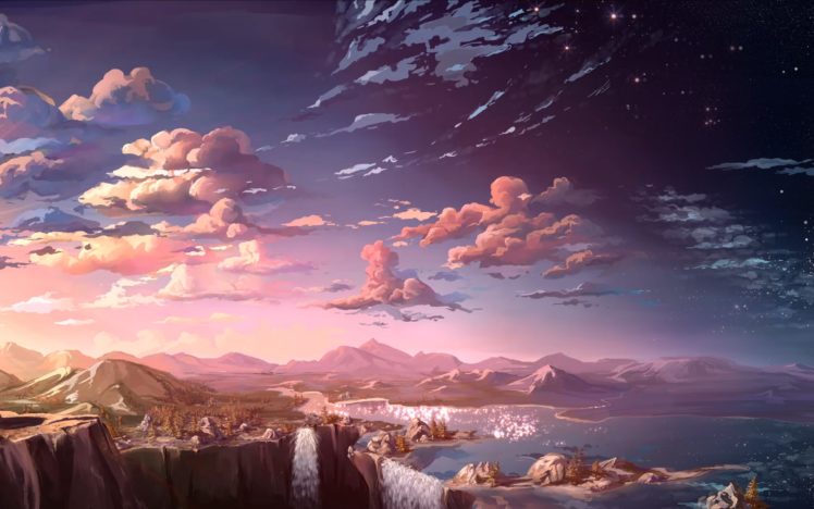 mountains, Rivers, Rocks, View, Art, Landscape, Waterfalls, Sunset HD Wallpaper Desktop Background