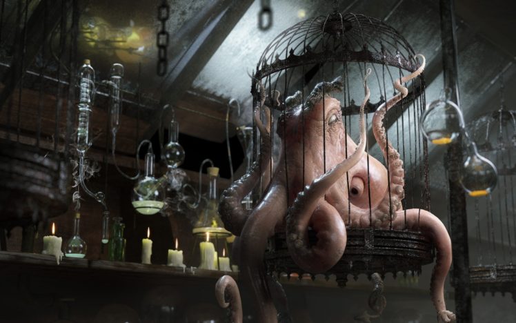 octopus, Jar, Bubbles, Candles, Art, Cell HD Wallpaper Desktop Background