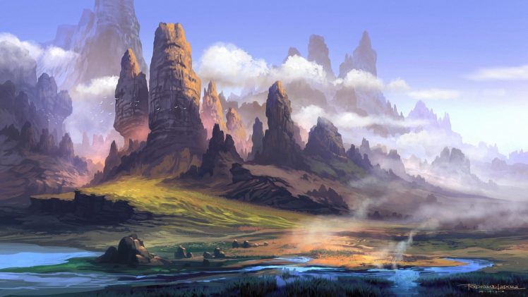 rocks, Mountains, River, Art, Landscape, Mist, Stones HD Wallpaper Desktop Background