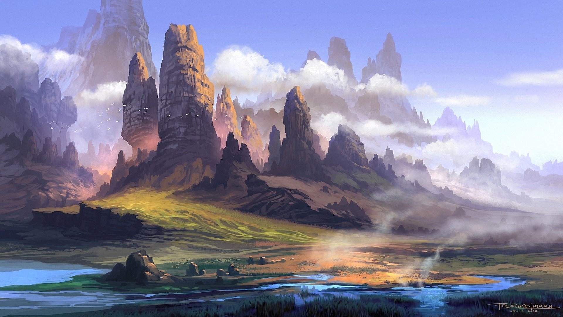rocks, Mountains, River, Art, Landscape, Mist, Stones Wallpaper