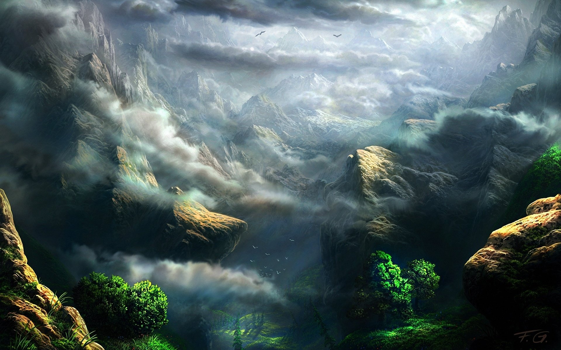 rocks, Clouds, Mountain, Mountains, Trees, Greens, Art Wallpaper