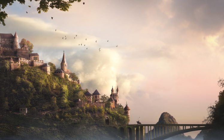 rider, Castle, Knight, Art, Castle, Bridge, Trees HD Wallpaper Desktop Background