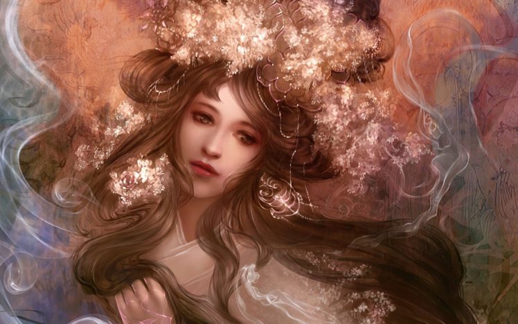 smoke, Hair, Goldenrod, Flowers, Art, Face, Girl HD Wallpaper Desktop Background