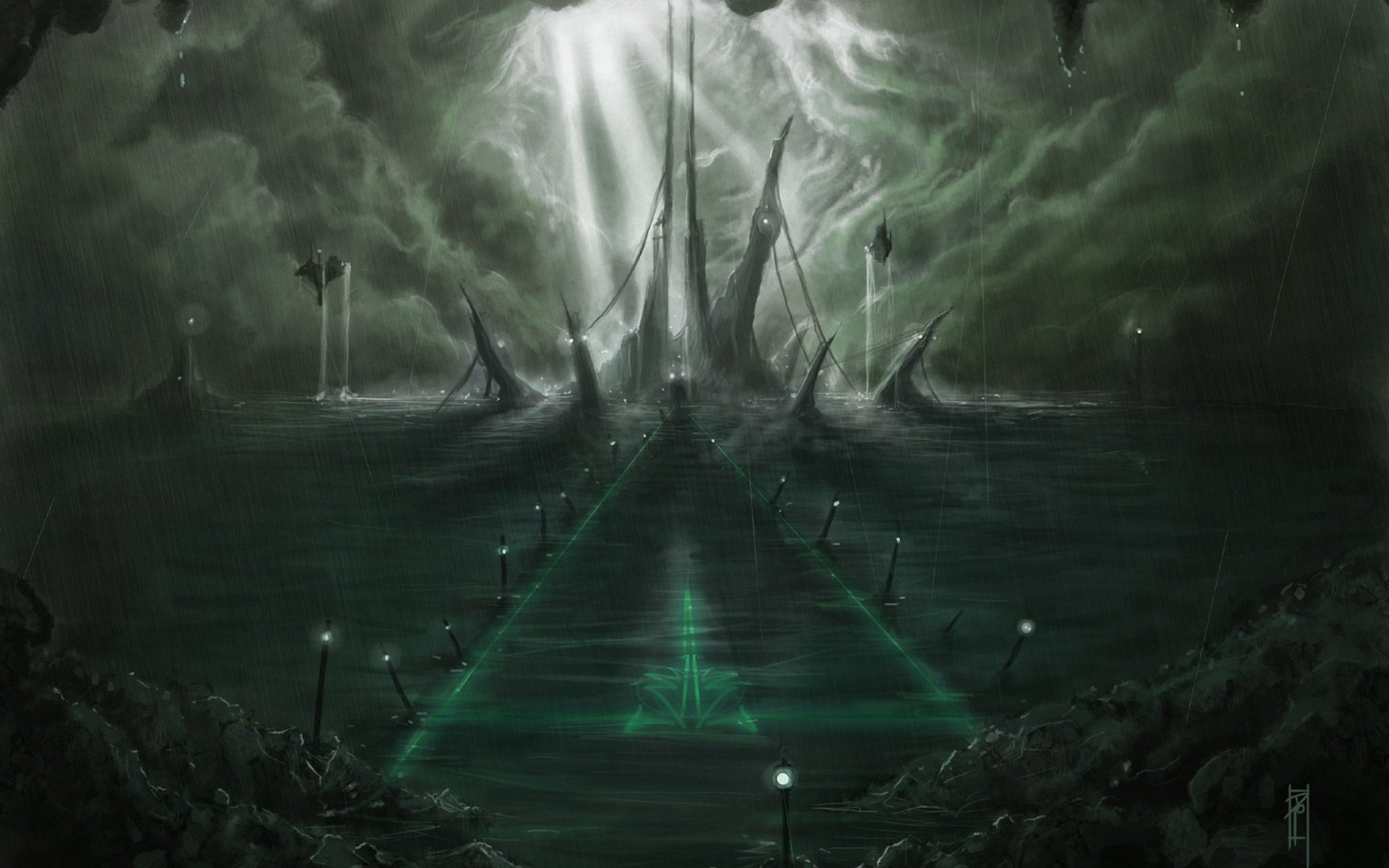 station, City, Sea, Rain, Island, Art Wallpaper