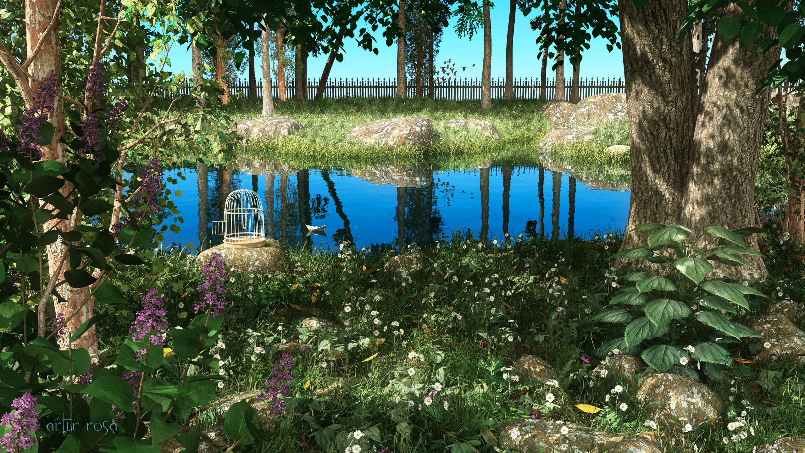 square, Garden, Art, Plants, Landscape, Greenery, Pond Wallpaper