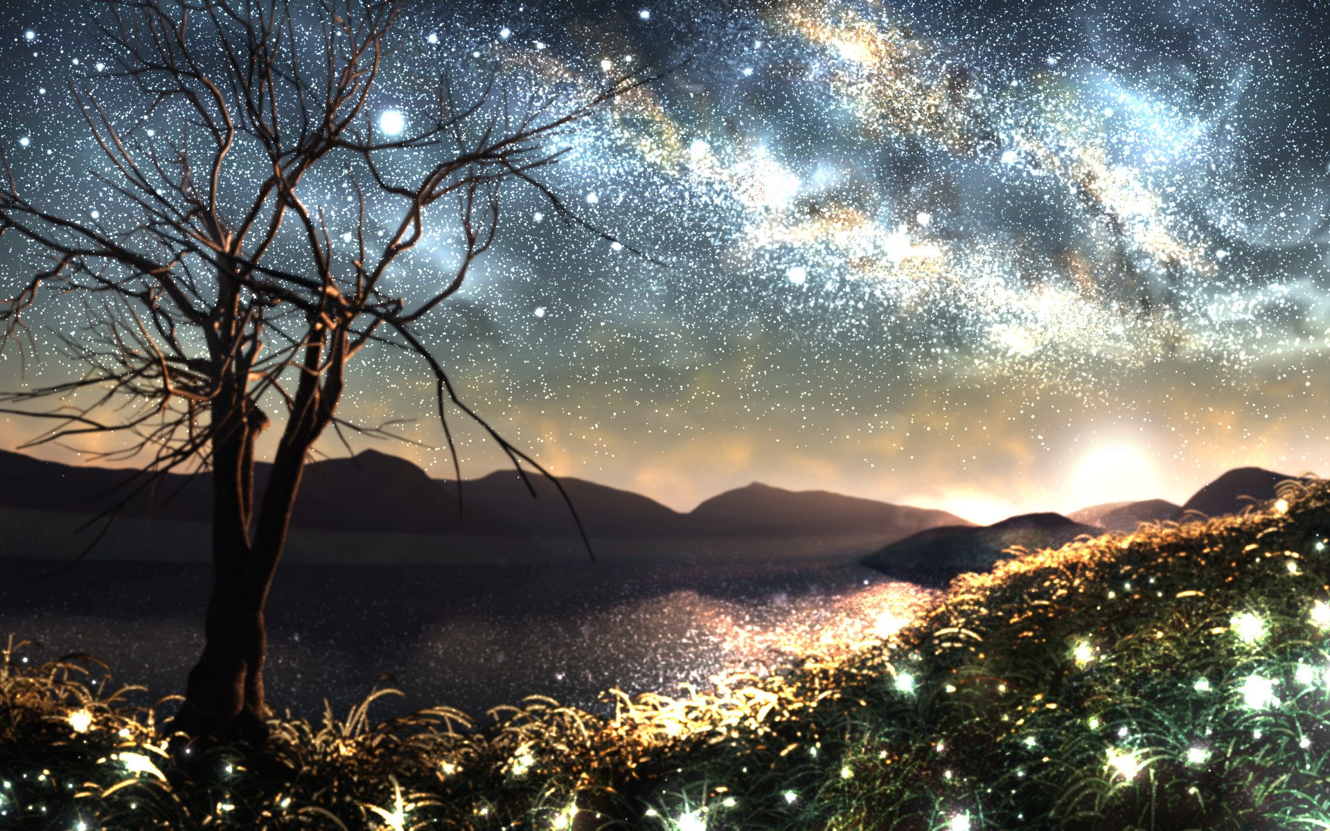 tree, Space, Nature, Art, Stars, The, Milky, Way Wallpaper