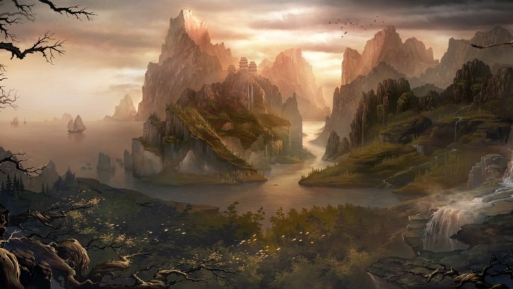 trees, Mountains, River, View, Scenery, Boats, Rocks, Art HD Wallpaper Desktop Background
