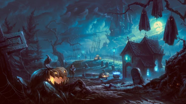 vampire, Pumpkin, Bats, Halloween, Art, Trees, Night HD Wallpaper Desktop Background