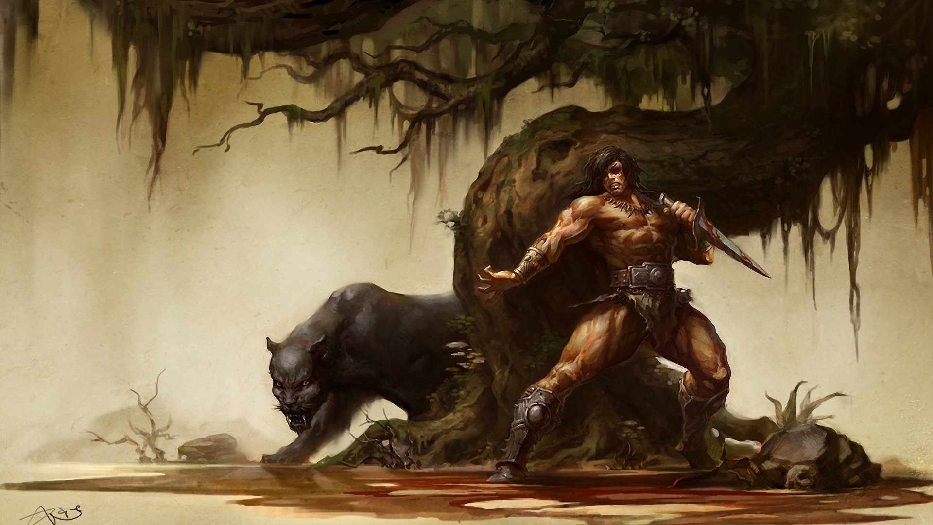 warrior, Art, Knife, Man, Cat, Guns, Wild, Fantasy Wallpapers HD