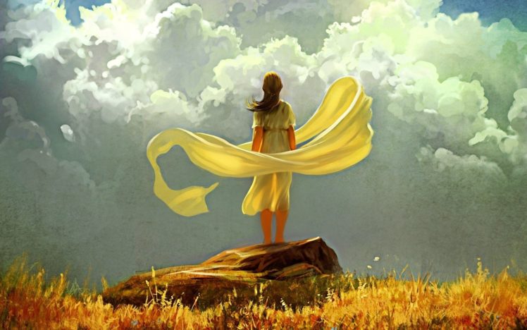 wind, Clouds, Stone, Art, Grass, Girl, Sky, Cloth HD Wallpaper Desktop Background