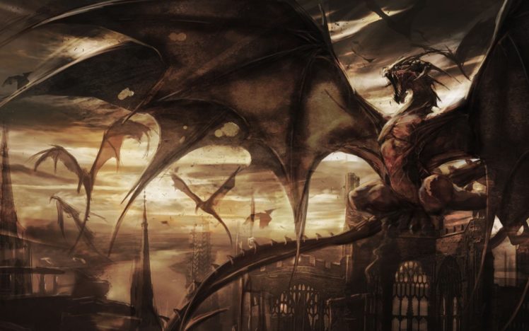 wings, Dragons, Art, Tower, Castle, Fantasy HD Wallpaper Desktop Background