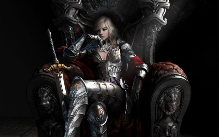 art, Girl, Armor, Queen, Sword, Blonde, Throne HD Wallpaper Desktop Background