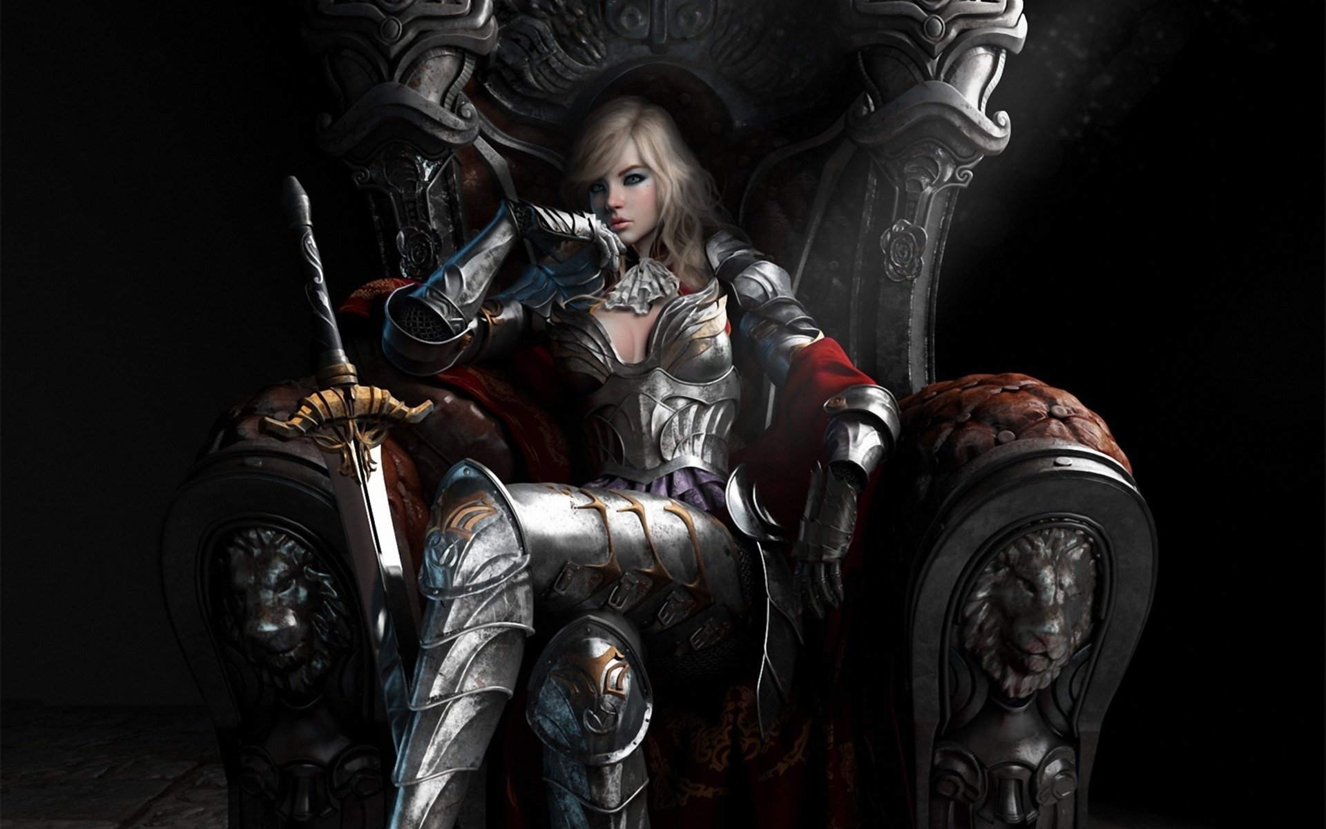 art, Girl, Armor, Queen, Sword, Blonde, Throne Wallpaper