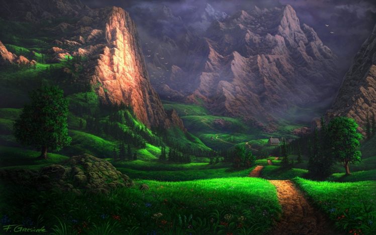 art, Mountain, Tree, House, Road, Trail, Fel x, Foliage, Rocks HD Wallpaper Desktop Background