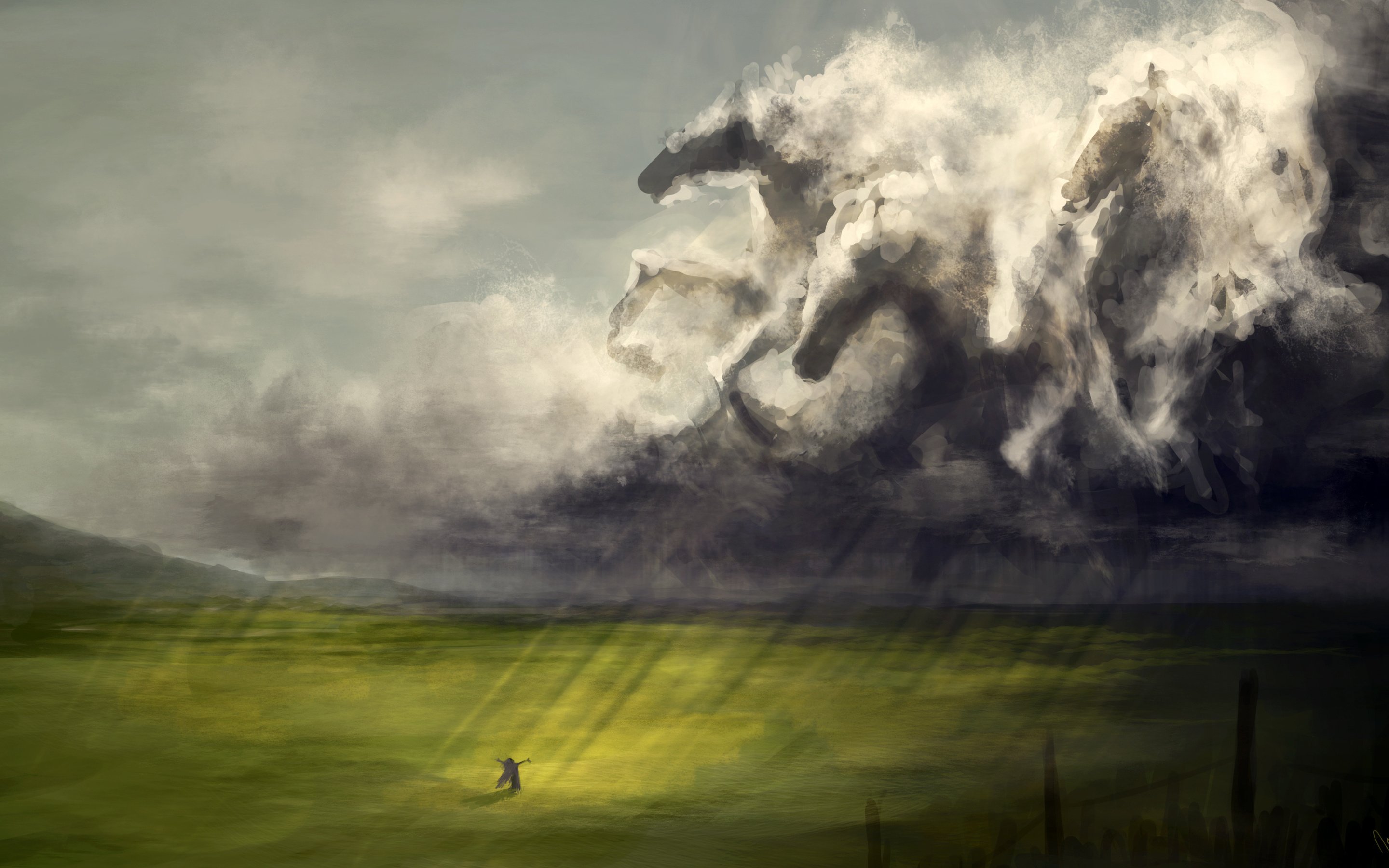 figure, Rays, Girl, Artpole, Herd, Horse, Clouds Wallpaper