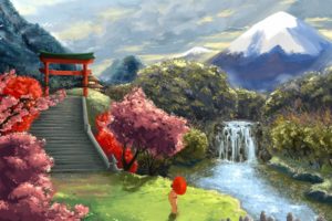 geisha, Art, Umbrella, Cherry, Stairs, Asia, Landscape, Gates