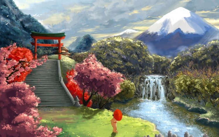 geisha, Art, Umbrella, Cherry, Stairs, Asia, Landscape, Gates HD Wallpaper Desktop Background
