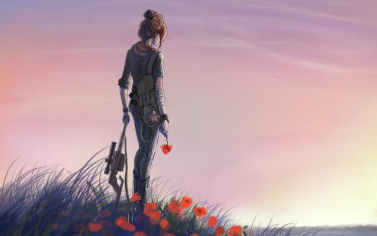 automatic, Red, Art, Girl, Meadow, Flowers, Weapons HD Wallpaper Desktop Background