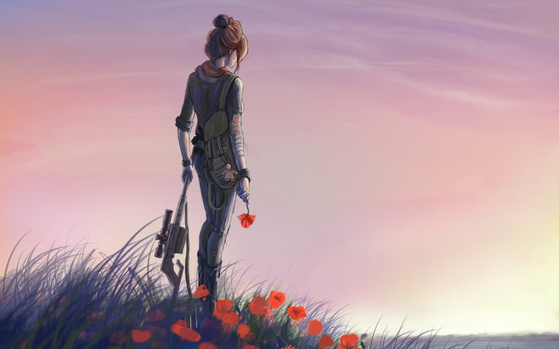 automatic, Red, Art, Girl, Meadow, Flowers, Weapons Wallpaper