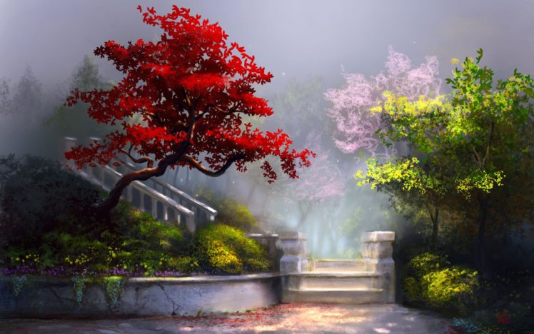 fantasy, Ladder, Painting, Art, Nature, Trees, Flowers HD Wallpaper Desktop Background