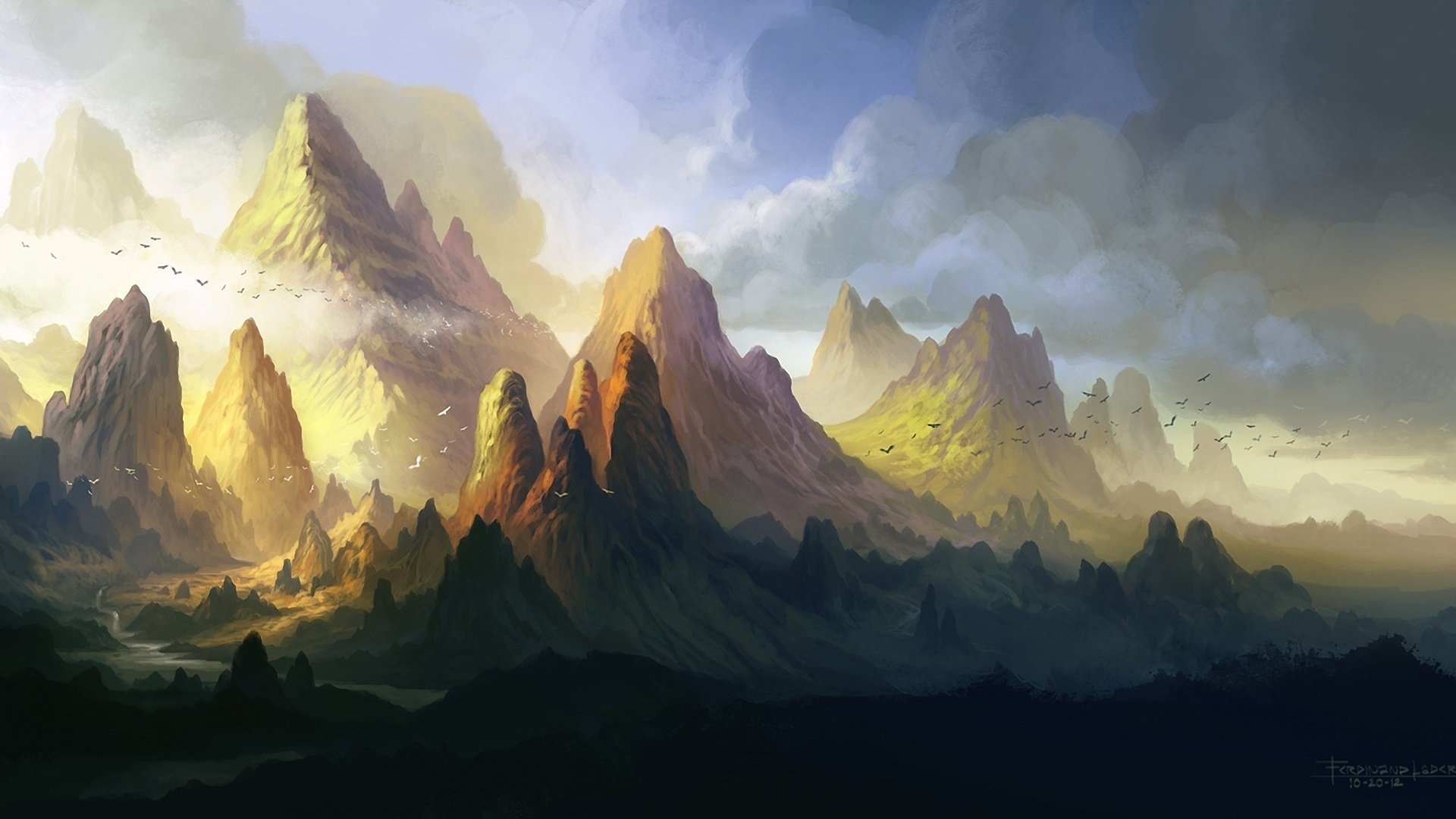 ferdinand, Ladera, Birds, Mountains, River, Art, Valley, Clouds, Range Wallpaper