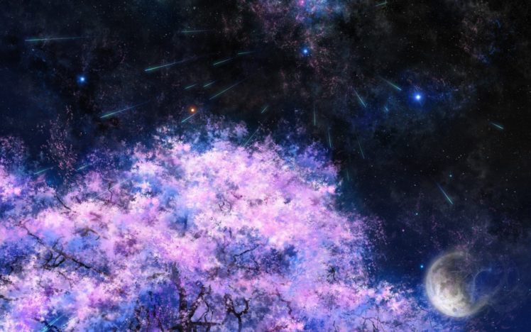 space, Art, Cherry, Night, Star, Tree, Tsujiki, Moon HD Wallpaper Desktop Background
