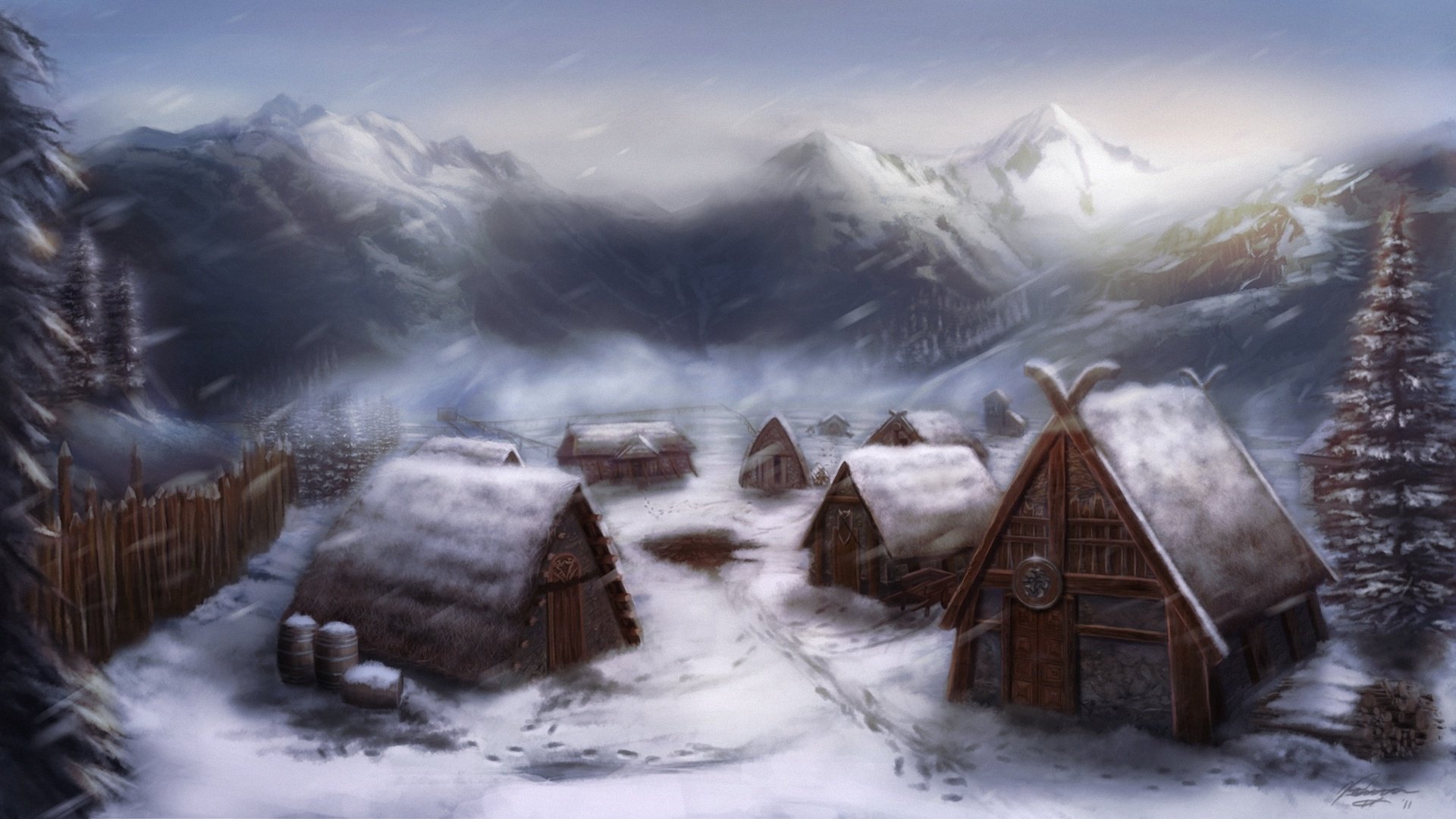 snow, Village, Settlement, The, Vikings, At, Home, Art, Michael, Davini Wallpaper