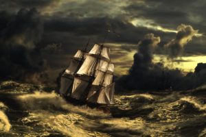 waves, Clouds, Sailboat, Storm, Art, Sea, Sky, Stormy