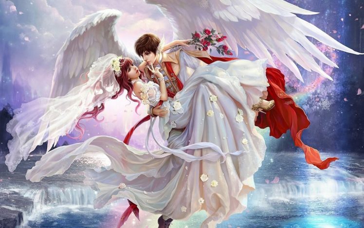 girl, Flowers, Wings, Man, Veil, Bride, Art HD Wallpaper Desktop Background