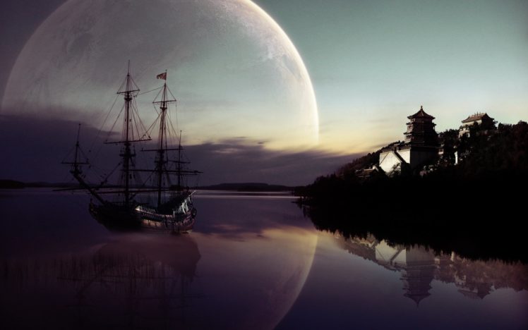 ship, Night, River, Moon, City HD Wallpaper Desktop Background
