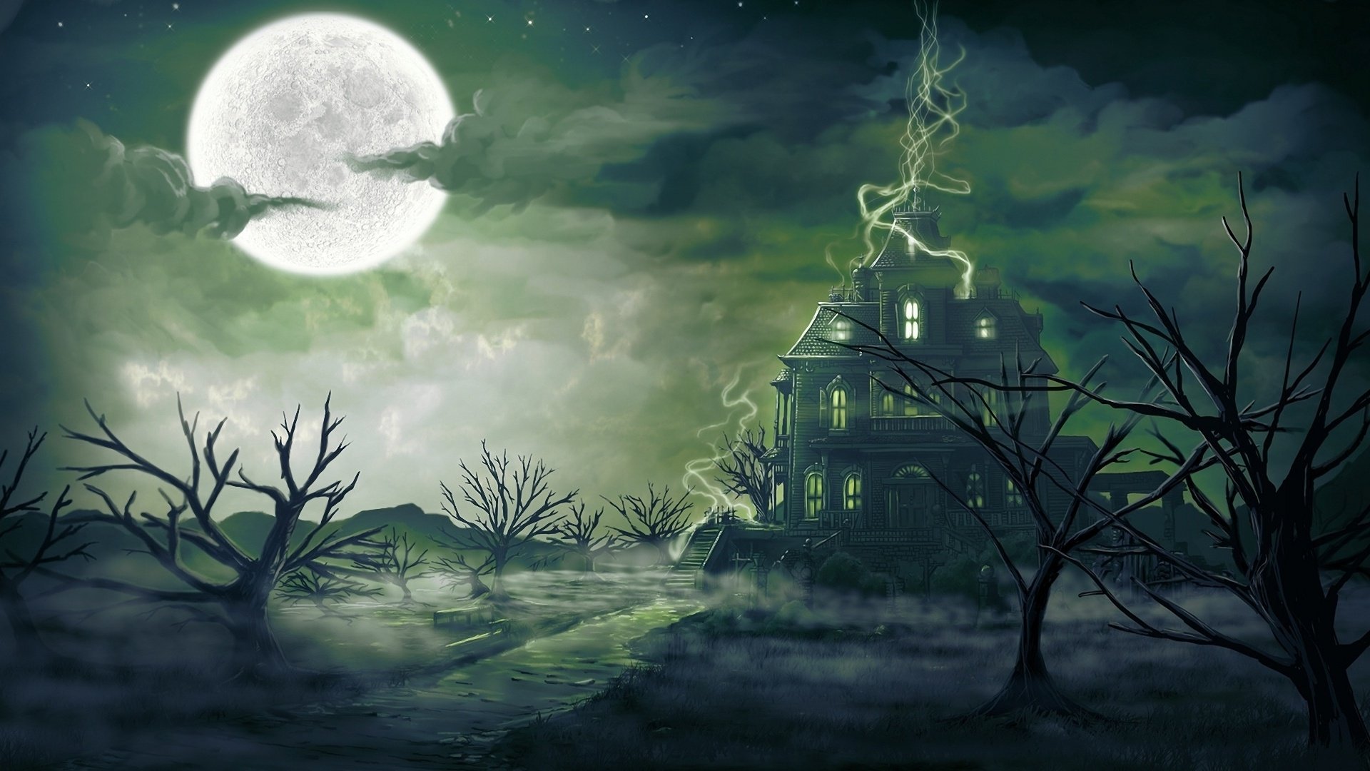 art, Magic, Mist, House, Moon, Night, Landscape Wallpaper