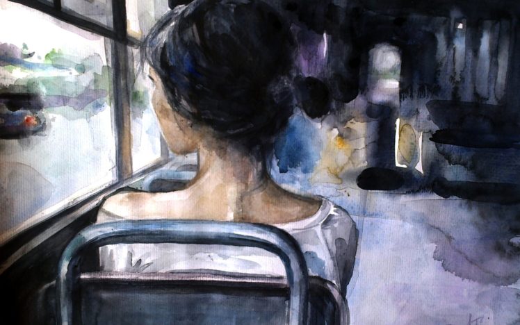 art, Girl, Loneliness, Bus, Painting HD Wallpaper Desktop Background
